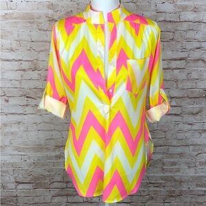 Cals Size Small Pink Yellow Chevron Button Up Shirt Roll Tab Sleeves NWT